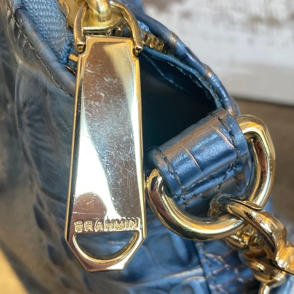 Brahmin Womens Large Duxbury Satchel Purse Blue Gold Metallic Croc Embossed‎